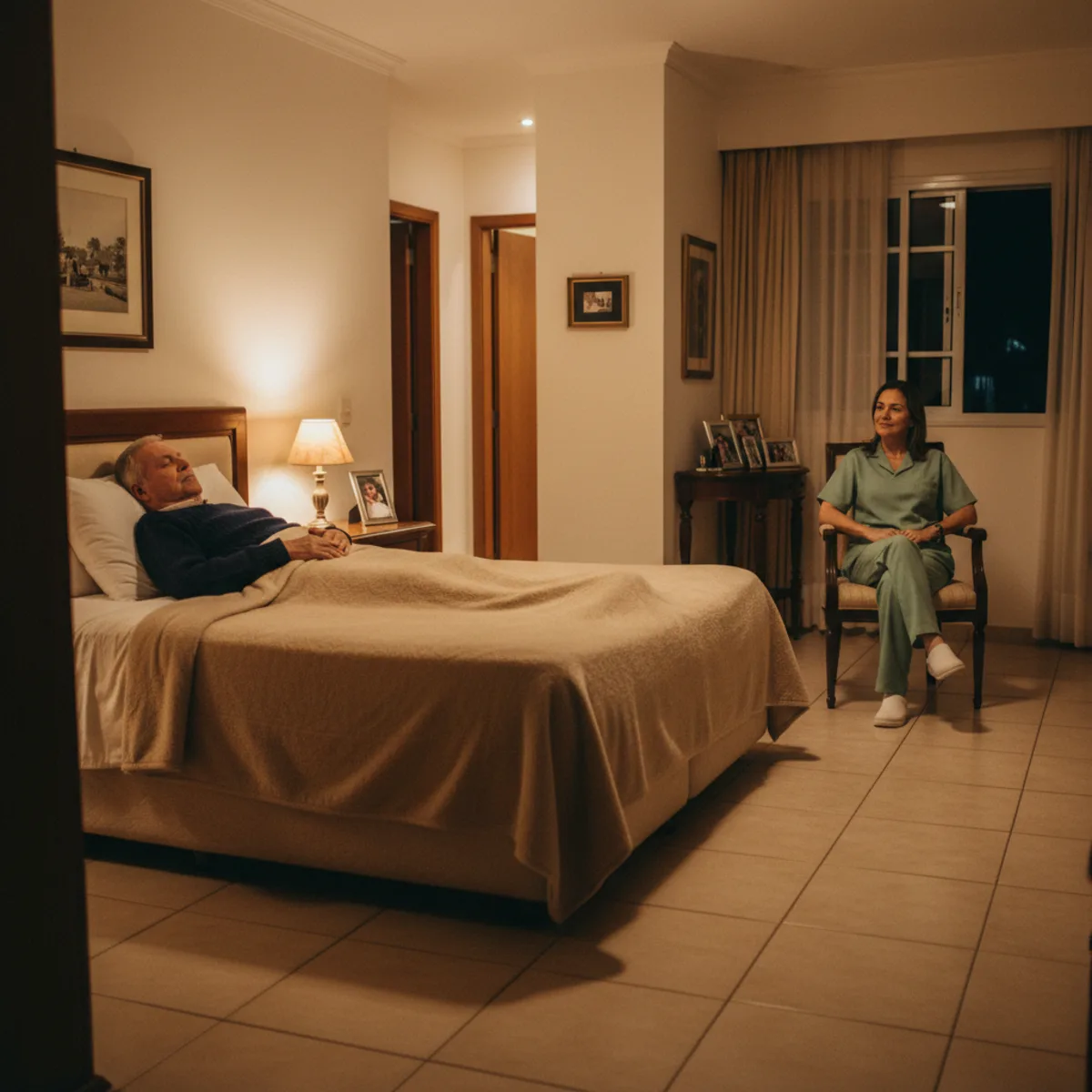 Cuidadora Serena Nobre em plantão noturno em quarto de idoso, mantendo presença discreta com iluminação adequada e caminho livre até o banheiro.