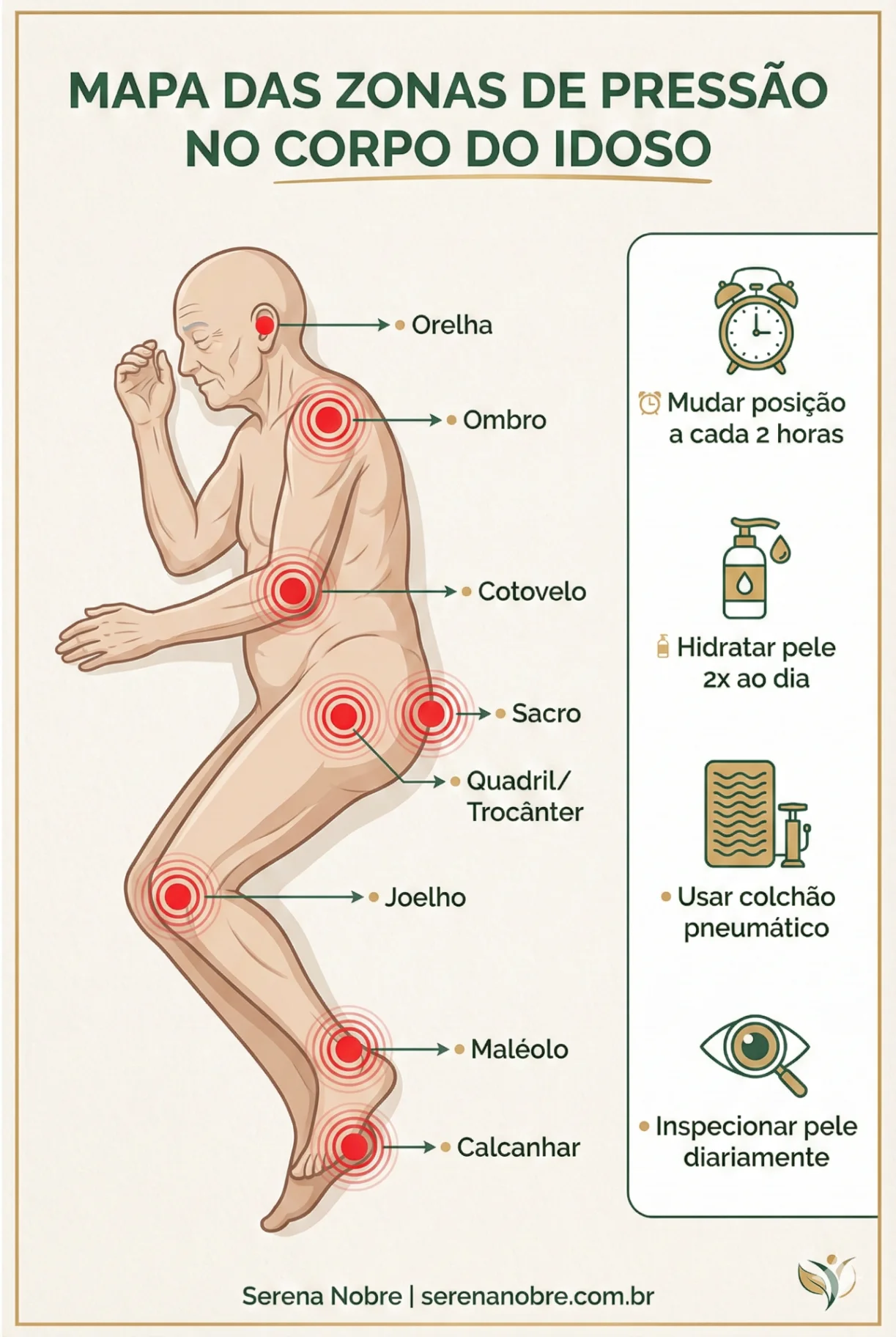 Mapa das Zonas de Pressão no Corpo do Idoso - infográfico vertical mostrando os 8 pontos de pressão e dicas de prevenção